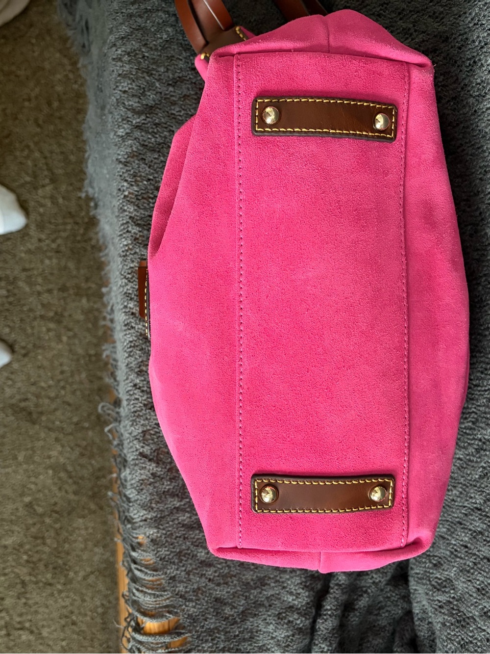 Dooney & Bourke Pink Suede Shoulder Bag with Brown Leather Trim - Picture 3 of 5
